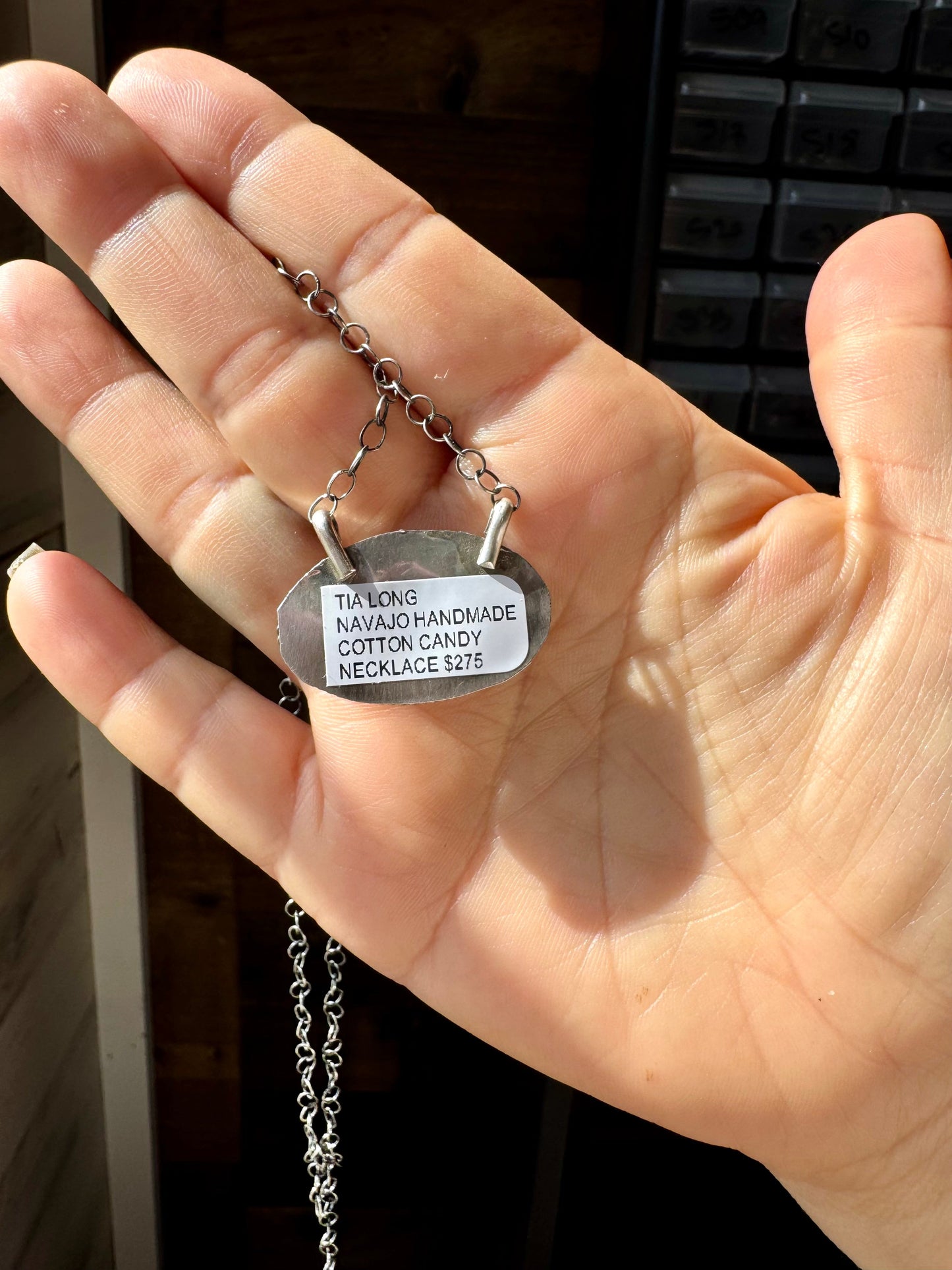 Cotton Candy Turquoise Bar Necklace – Oval Shape – 18" Sterling Chain – Tia Long, Navajo Handmade