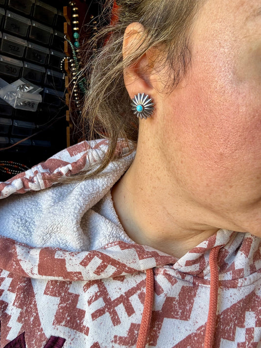 Small Sterling Silver Concho Earrings with Kingman Turquoise – Made in the USA
