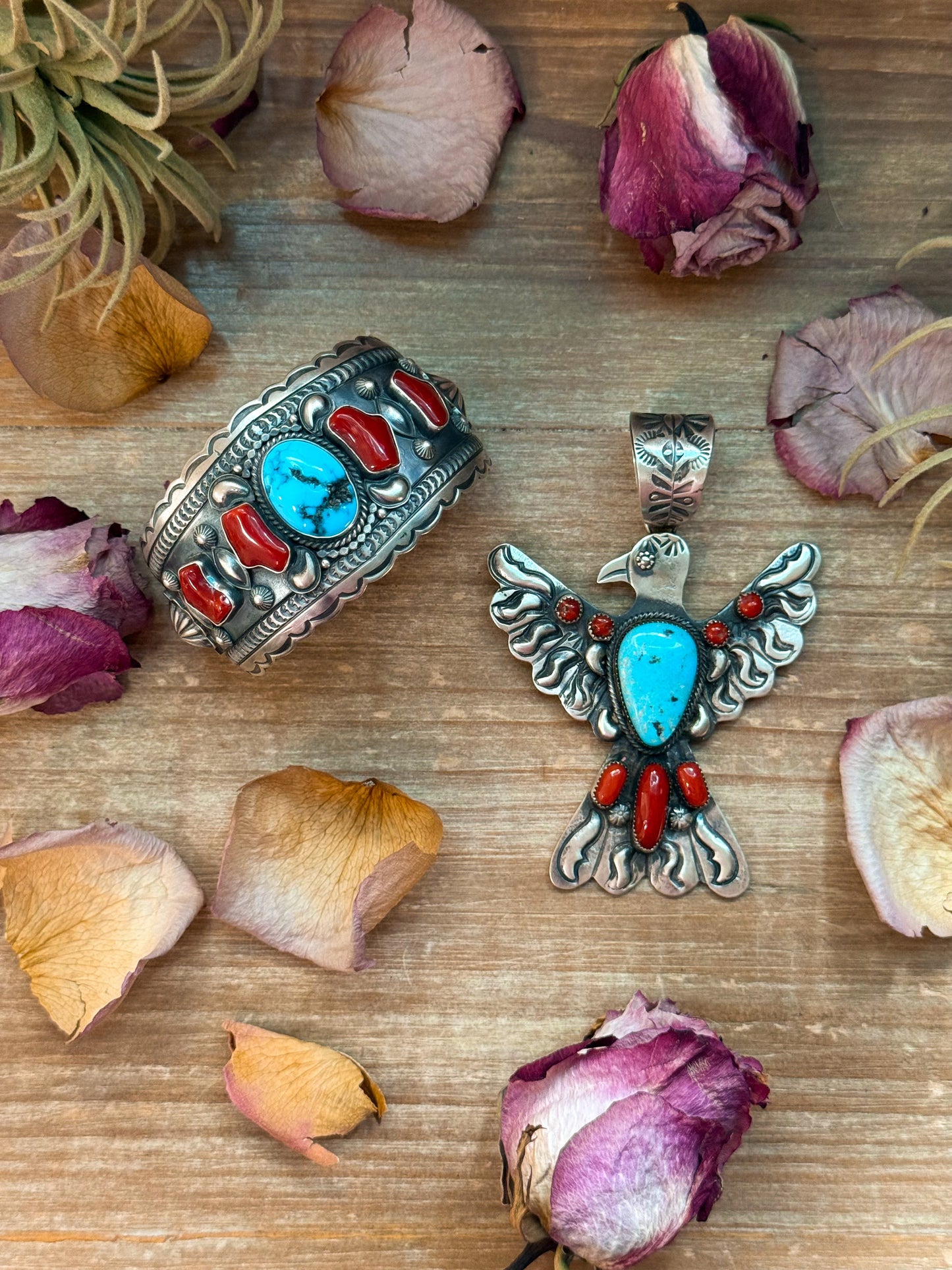 Thunderbird Pendant – Red Coral & Turquoise – Stamped Richard Yazzie