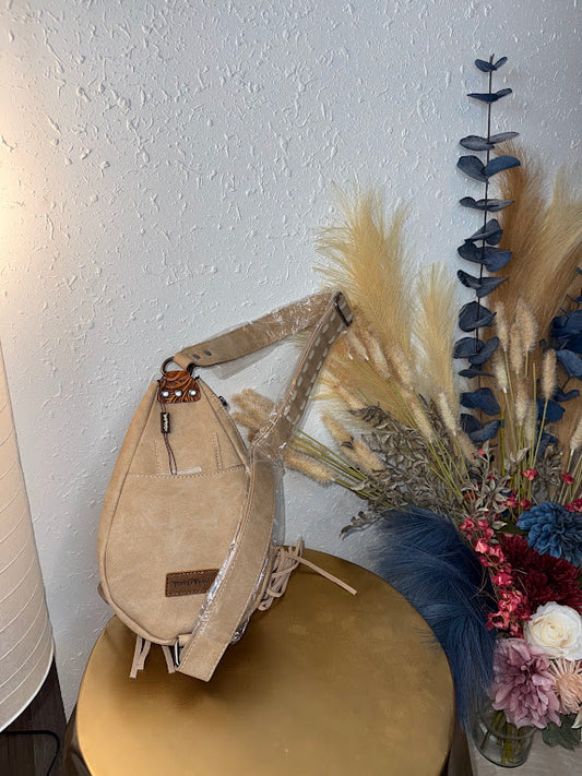 Floral Tooled Fringe Sling Bag -Brown