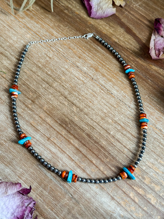 Sterling Silver Pearl Necklace with Orange Spiny Oyster & Sleeping Beauty Turquoise Chips – 14.5”
