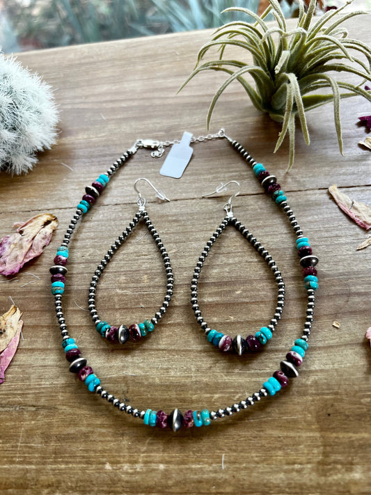 Sterling Silver Pearls choker with real turquoise and purple spiny oyster