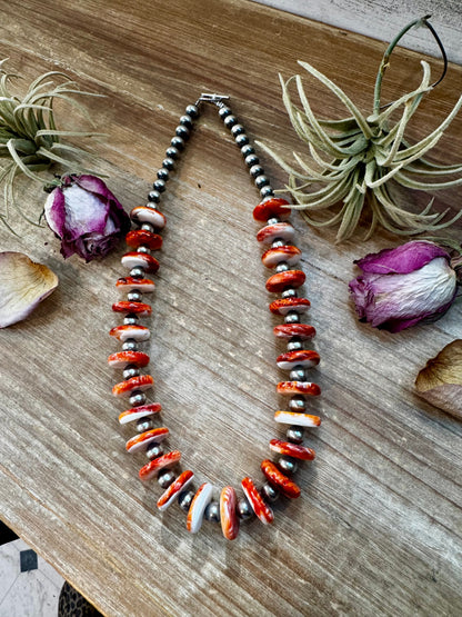 NFR Collection Necklace – 8mm Sterling Silver Pearls with 16mm Spiny Oyster Rondelle – Handmade by The Bijoux FAB – 20"