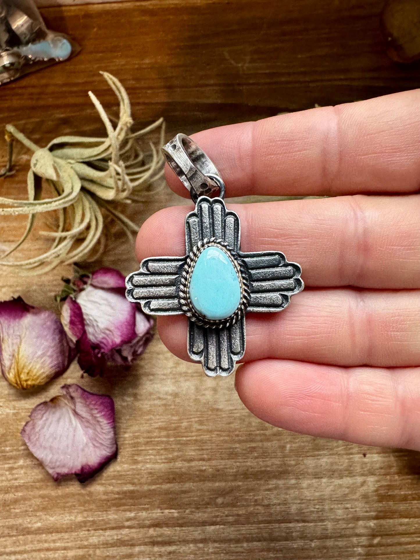 Zia Symbol Pendant with Golden Hill Turquoise – Sterling Silver – Native Made by K. Billah – Fits 8mm