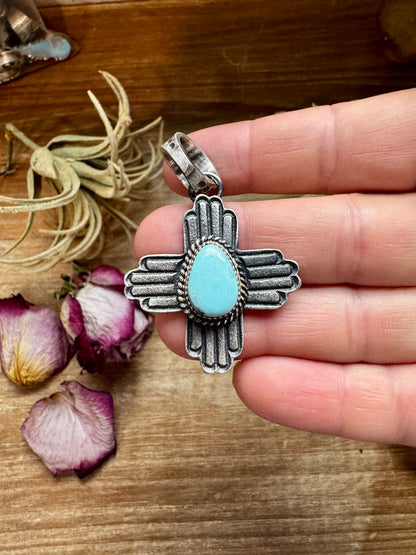 Zia Symbol Pendant with Golden Hill Turquoise – Sterling Silver – Native Made by K. Billah – Fits 8mm