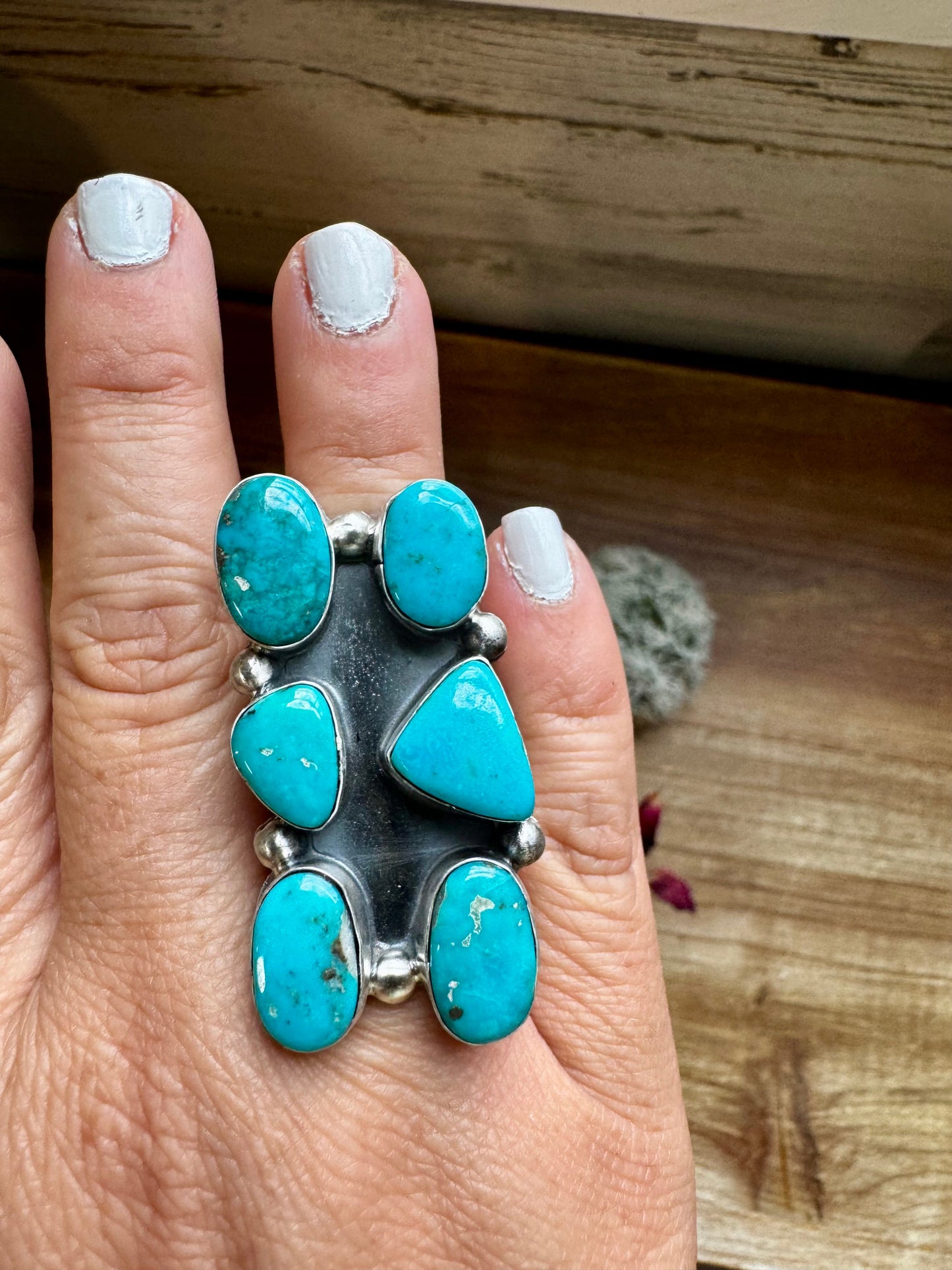 Long Ring- 6- Kingman turquoise ring and sterling silver