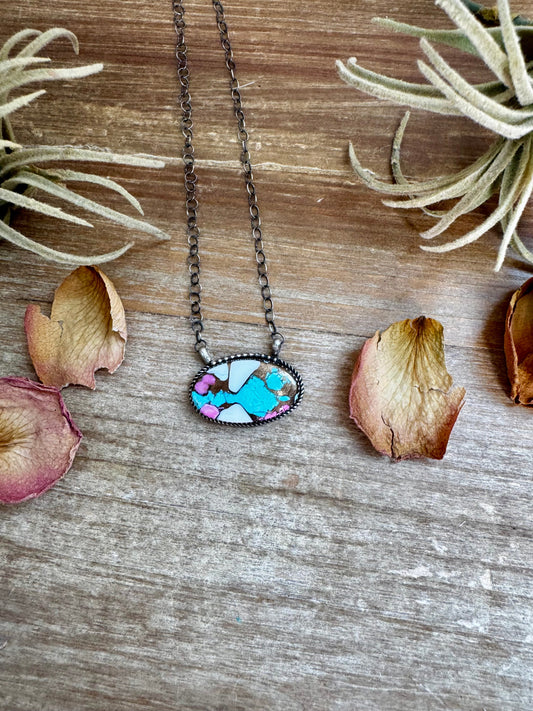 Cotton Candy Turquoise Bar Necklace – Oval Shape – 18" Sterling Chain – Tia Long, Navajo Handmade