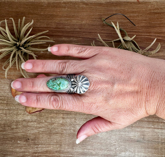 Green Turquoise Concho Ring – Size 9 – Navajo Handmade by Boyd Ashley
