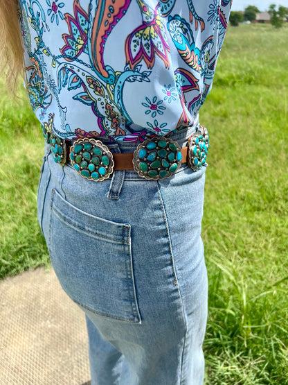 Turquoise Concho Belt – Sterling Silver – Native Made DM – One of a Kind