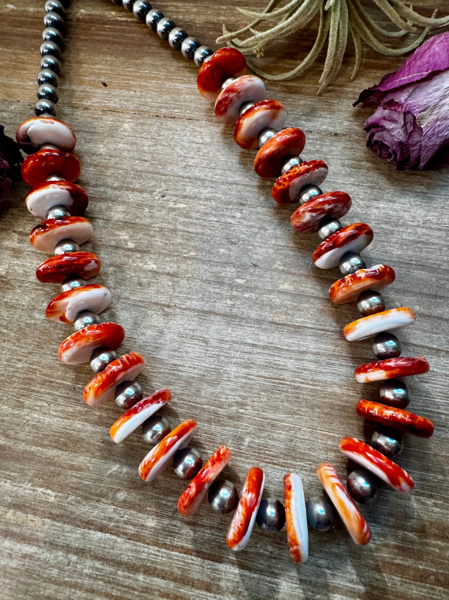 NFR Collection Necklace – 8mm Sterling Silver Pearls with 16mm Spiny Oyster Rondelle – Handmade by The Bijoux FAB – 20"