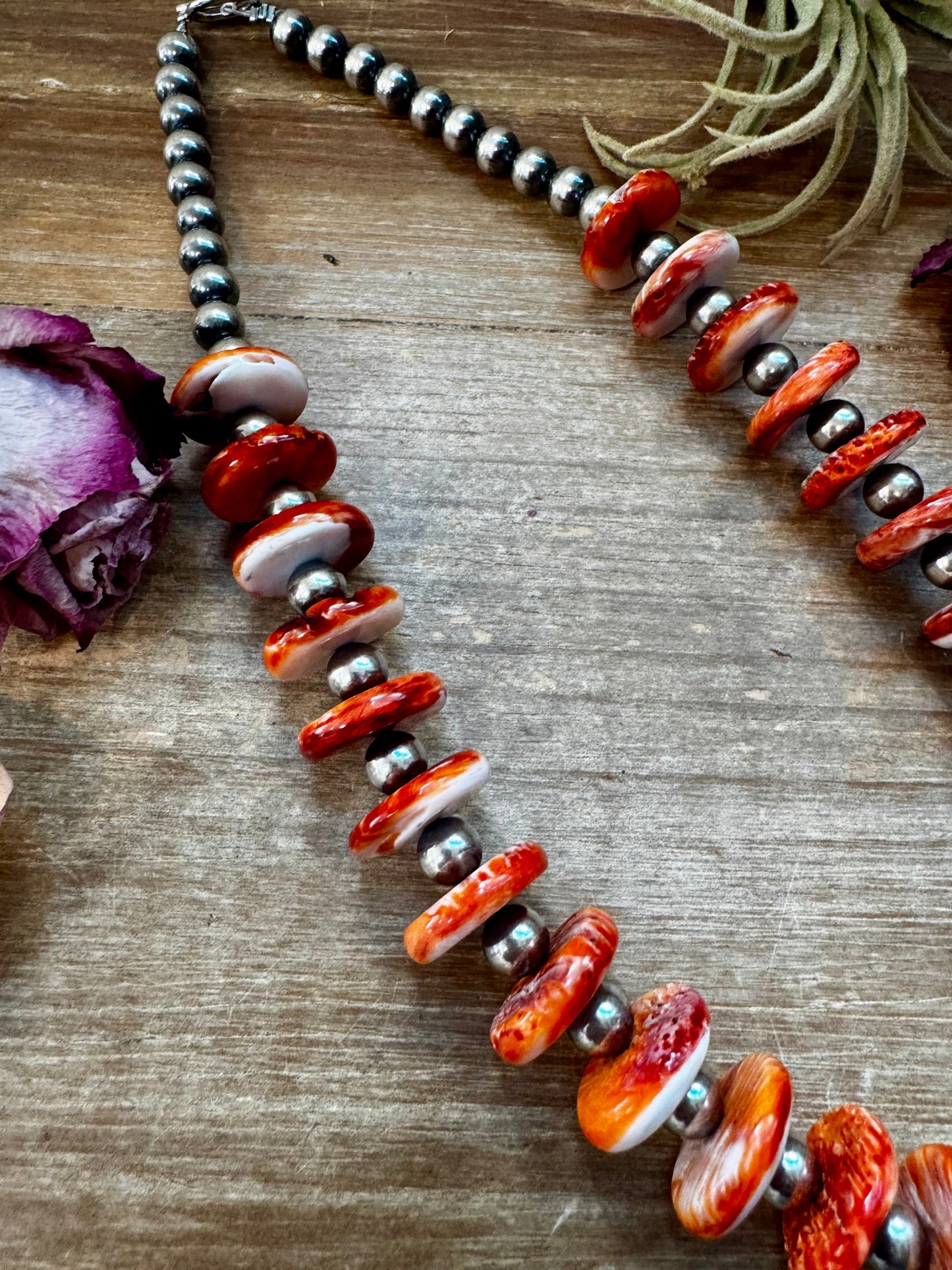 NFR Collection Necklace – 8mm Sterling Silver Pearls with 16mm Spiny Oyster Rondelle – Handmade by The Bijoux FAB – 20"