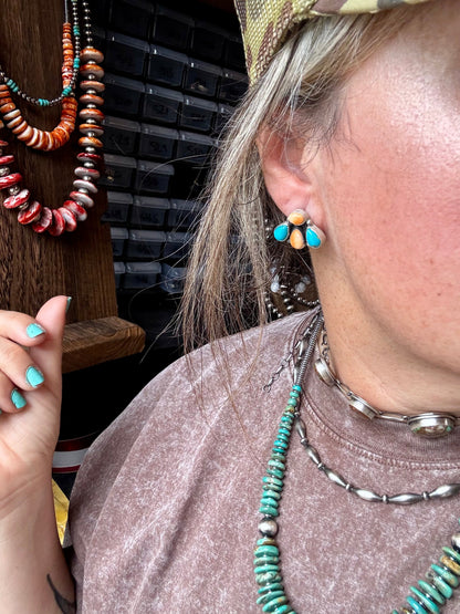 Stud Earrings – Orange Spiny & Turquoise (Stamped Marcella James)