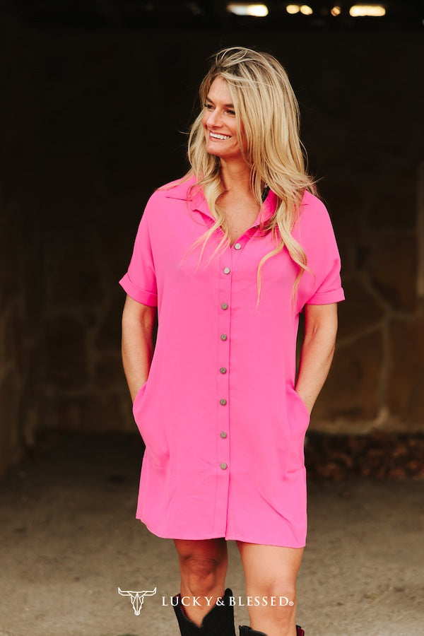 Hot Pink Button Down Short Sleeve Concho Button Down Dress
