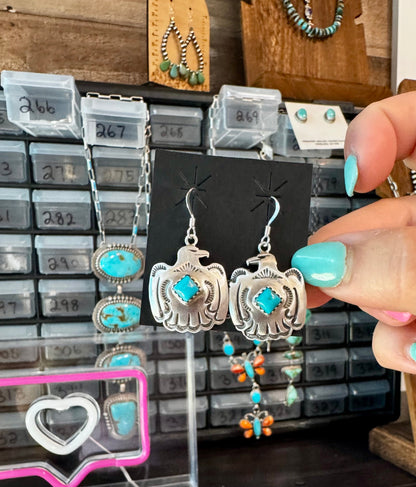 Eagle Bird Dangle Earrings with Kingman Turquoise