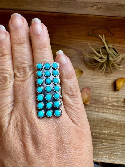 Adjustable Rectangle Ring with 21 Kingman Turquoise – Sterling Silver