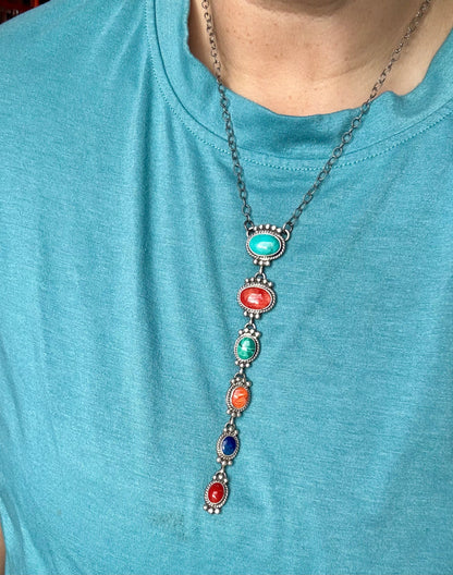Sterling Silver Lariat Necklace – Native Made – Turquoise, Spiny, & Lapis Charms – One of a Kind