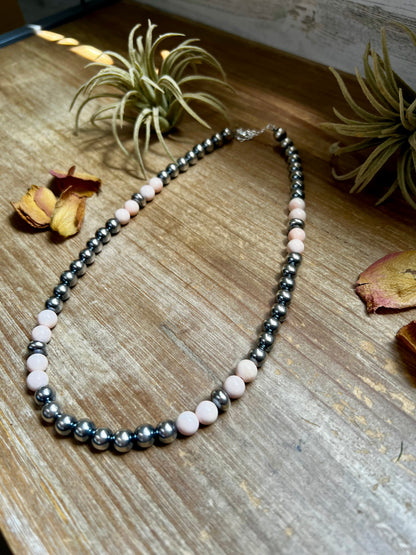 Pink Conch & Sterling Silver Necklace – 8 mm Pearls – 19 Inch + Extender