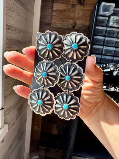 Triple Concho Dangle Earrings with Kingman Turquoise – Sterling Silver, Post Top