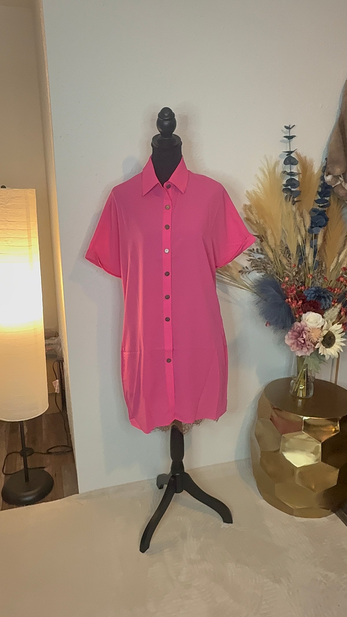 Hot Pink Button Down Short Sleeve Concho Button Down Dress