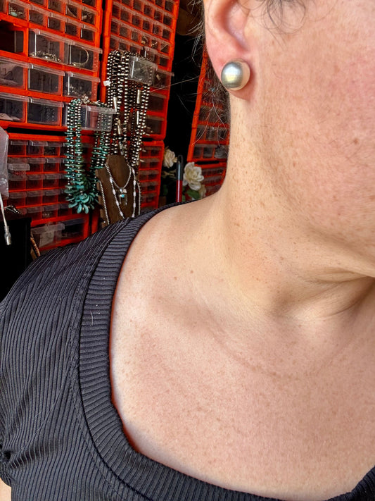 Sterling Silver Saucer Pearl Stud Earrings – 12mm, Stamp MS, USA Made