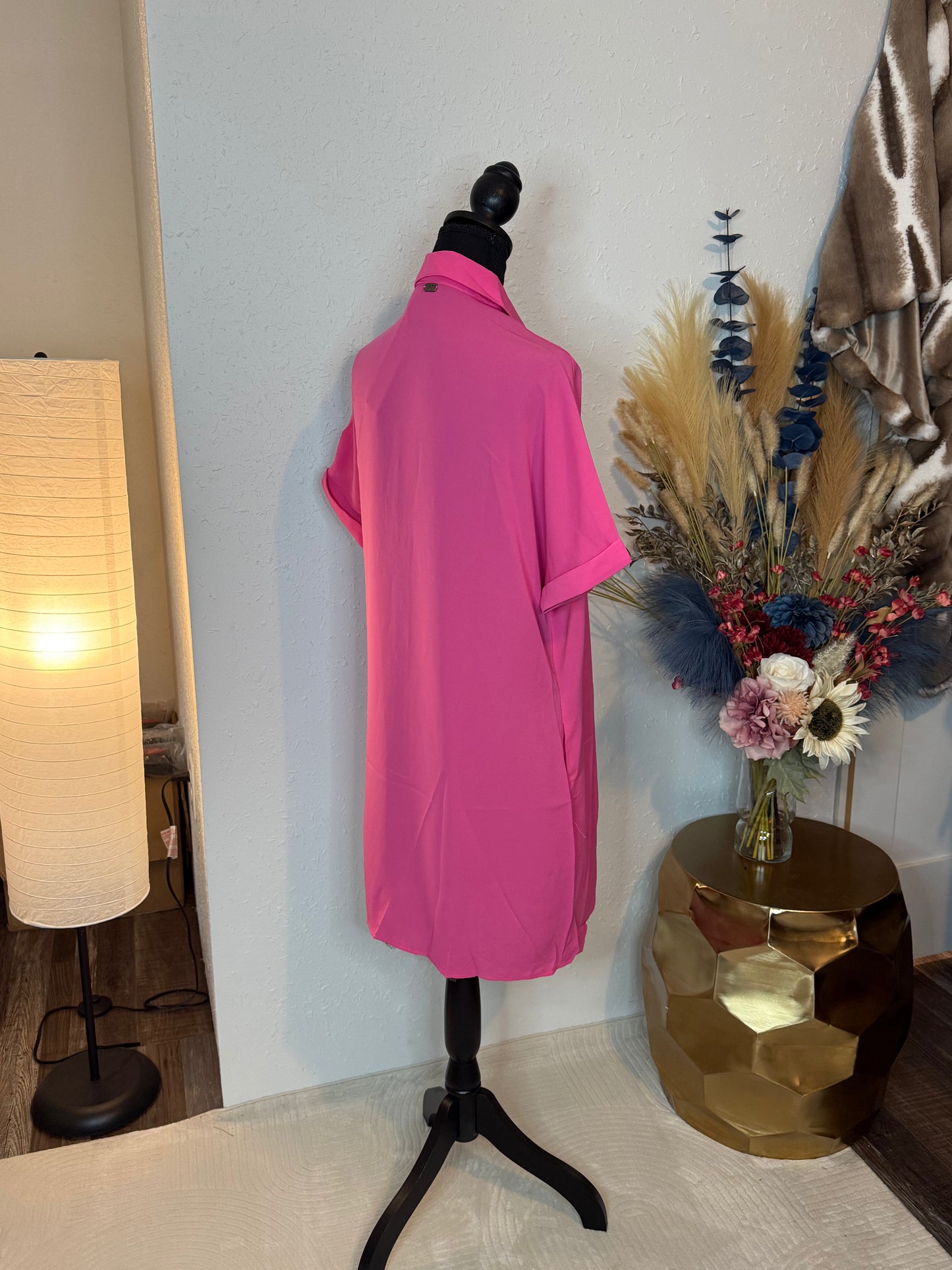 Hot Pink Button Down Short Sleeve Concho Button Down Dress