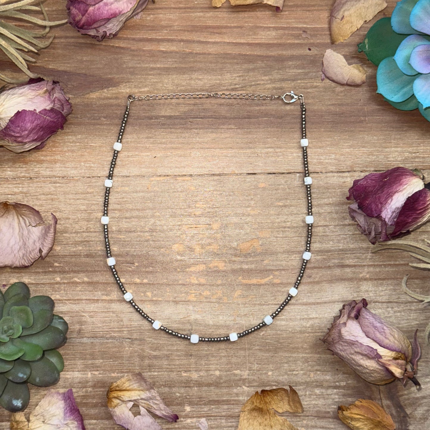 White Howlite Glass Seed Bead Choker