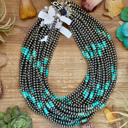 Sterling Silver Pearl Necklace with Turquoise & Variscite Rondelles – 19.5”