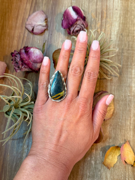 Black Jack Turquoise Sterling Silver Ring – Teardrop – Adjustable