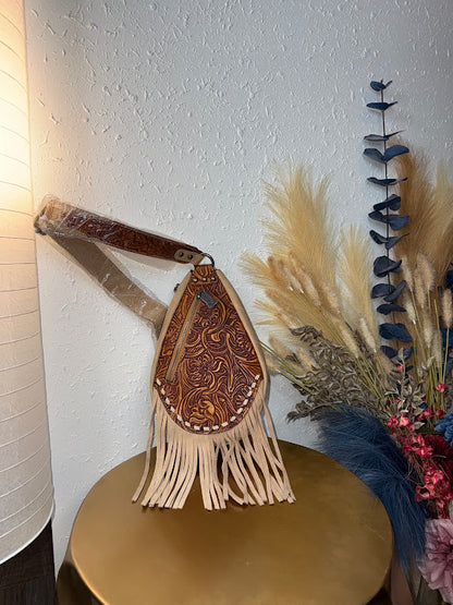 Floral Tooled Fringe Sling Bag -Brown