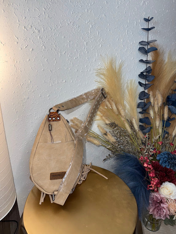 Floral Tooled Fringe Sling Bag -Brown