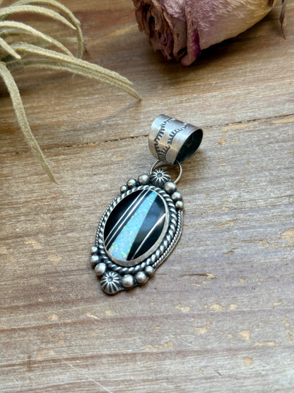 Sterling Silver Black Micarta & Lab Opal Inlay Pendant – Handmade by Artist Shay Pfeiffer