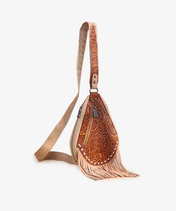 Floral Tooled Fringe Sling Bag -Brown