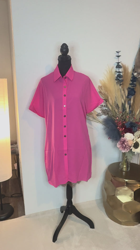 Hot Pink Button Down Short Sleeve Concho Button Down Dress